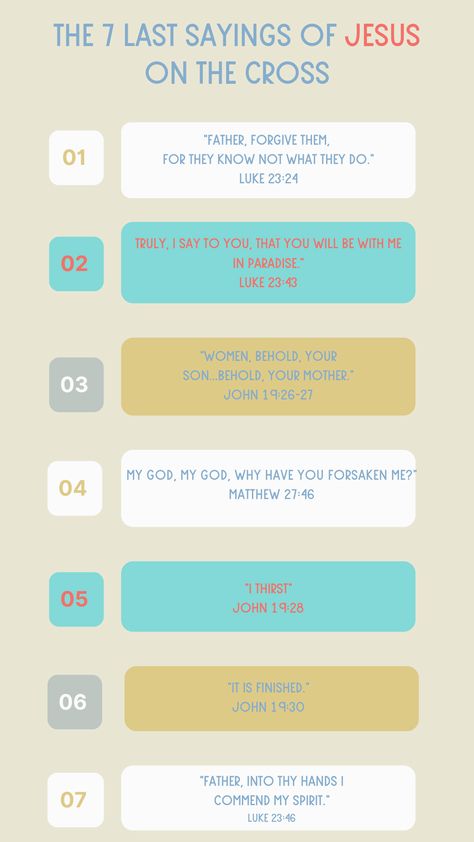 The seven last sayings of Jesus on the cross are great to meditate and contemplate during this Holy season of Lent, I creat this infographic for you to have all the sayings handy and in one place sp you can jsut dive in and pray. Please pin, and share if you find this helpful and follow us for more content like this. God Bless you! Words Of Jesus, Bible Images, God Bless You, Jesus On The Cross, Jesus