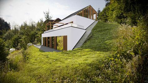 House on a slope on Behance House Steep Slope, Minimalist Hillside House, Mountain Slope House Design, Steep Slope House Design, Steep Hillside House, Home Additions Back Of House, House Built Into Hill, House On A Slope, House Built Into Hillside