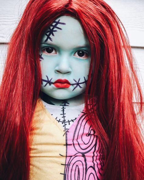 Toddler Sally Costume, Sally Kids Makeup, Sally Makeup Halloween Kids, Anya Face, Sally Nbc, Ash Costume, Sally Halloween Costume, Sally Makeup, Toddler Makeup