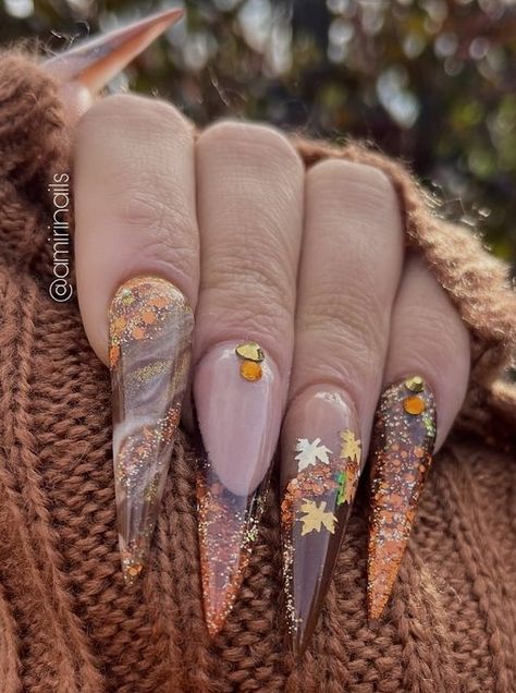 Fall Time Nails, Turkey Nails, Fall Thanksgiving Nails, Encapsulated Nails, Thanksgiving Nail Designs, Stiletto Nails Designs, Nail Idea, Thanksgiving Nails, Unique Acrylic Nails