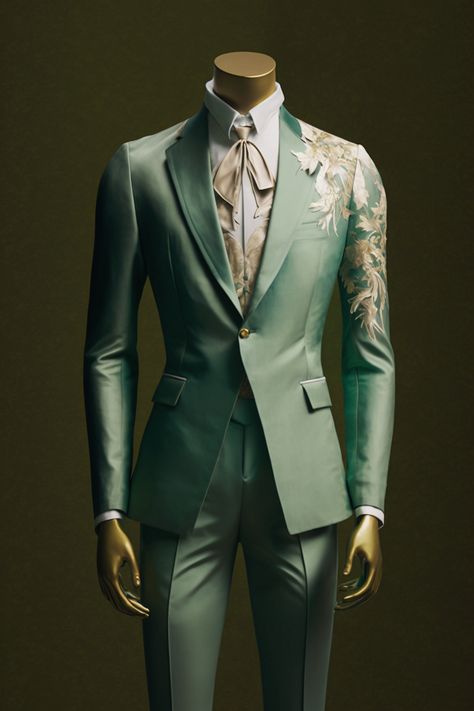 Capricorn zodiac sign inspired suit Prince Naveen Inspired Suit, Green And Gold Fantasy Outfit Male, Fancy Suits For Men, Fantasy Suit, Fancy Tuxedo, Prince Suit, Suit Prom, Capricorn Zodiac Sign, Art Nouveau Weddings