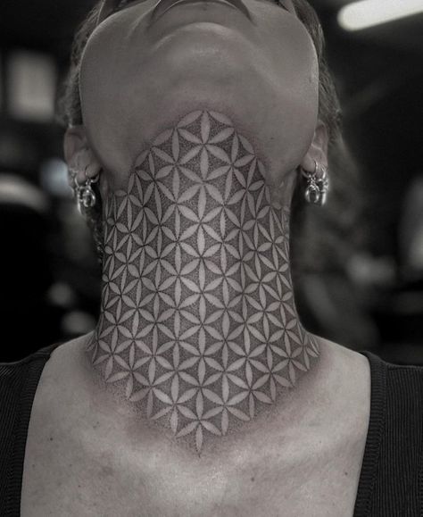 Beautiful geometric pattern neck tattoo by Mantas Zorys of Marked One Tattoo Neck Tattoo Pattern, Geometric Throat Tattoo, Geometric Flower Tattoo, One Tattoo, Throat Tattoo, Chest Tattoo Men, Dainty Tattoos, Tattoo Set, Elegant Tattoos