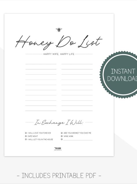 Husband Honey Do List Instant Download Printable PDF Funny Printing Templates, Chore Checklist, Funny Husband, Mom Printable, Honey Do List, Honey Do, Husband Humor, Happy Wife, Do You Feel