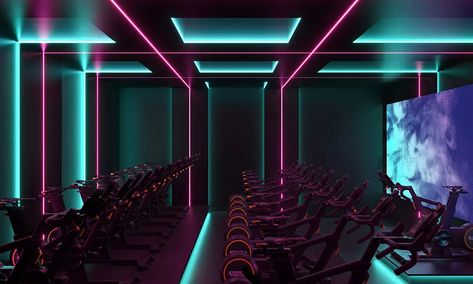 Technogym | zynk Design Gym Lighting Design, Spin Studio Design Ideas, Gym Led Lighting, Neon Gym Interior, Gym Neon Sign Fitness, Cycling Studio, Small Home Gym Ideas, Spin Studio, Small Home Gym