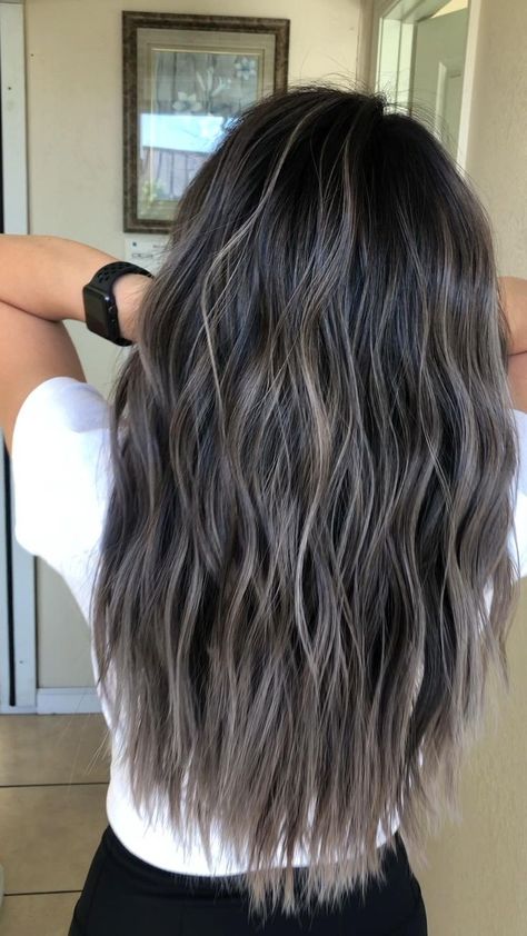 Dark With Silver Highlights, Dark Brown Ash Hair Color, Dark Hair Ash Balayage, Mushroom Blonde Highlights On Dark Hair, Ash Babylights On Dark Hair, Grey Blending Highlights Black Hair, Dark Brown Grey Hair, Dark Brown With Ash Blonde Highlights, Dark Brown Hair Ash Highlights