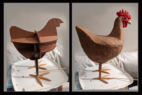 Paper Mache Art Sculpture, Paper Mache Projects, Paper Mache Animals, Paper Art Sculpture, Chicken Crafts, Paper Mache Clay, Cardboard Sculpture, Paper Mache Sculpture, Paper Mache Art