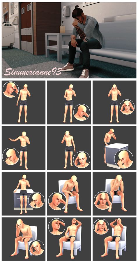 Poses for a solo sim - sims 4 poses. #sims4 #ts4 #sims4poses #posessims4 #thesims #sims #poses #reactionposes #soloposes #headacheposes #sickposes #injuredposes Sims 4 Poses, Thinking Pose, Solo Poses, Running Pose, Sims Poses, Sims 4 Stories, Ts4 Poses, Friends Hugging, Hot Poses