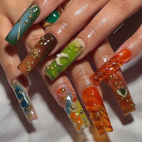 Hippie Nail Art Boho, Acrylic Nails Pretty, Nails Aura, Nails Unique, Boho Nails, Nails Pretty, Hippie Nails, Long Acrylic Nails Coffin, Kali Uchis