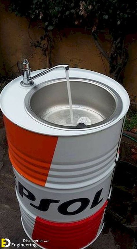 Barrel Metal Drum Project Ideas!!! - Engineering Discoveries Garage Sink, Bar Deco, Basketball Homecoming, Garage Furniture, Oil Barrel, Car Part Furniture, Automotive Furniture, Metal Drum, Metal Barrel