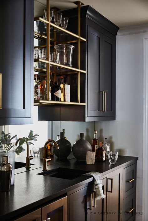 Black Cabinets Bar Area, Built In Bar With Tv, Black Wet Bar, Black Bar Cabinet, Pantry Bar, Wet Bar Cabinets, Bar Remodel, Built In Wet Bar, Wet Bar Sink