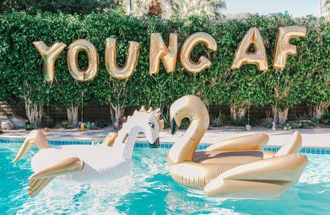 30th Birthday Ideas: Pool Party Theme, Decor, Cake | Brit + Co 30th Birthday Pool Party, Birthday Pool Party Ideas, Gold Pool, Palm Springs Pool Party, Swan Pool Float, Giant Pool Floats, Giant Pool, Pool Party Adults, Palm Springs Pool