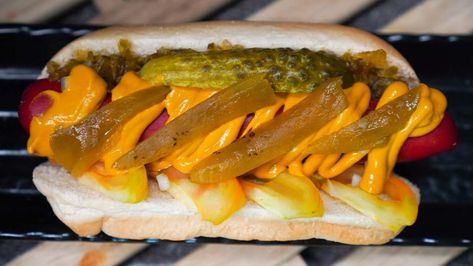 Portillo's Chicago-Style Hot Dog Recipe Hot Dogs In The Oven, Chicago Dog Recipe, Best Copycat Recipes, Kfc Coleslaw Recipe, Hot Dog Recipe, Chicago Style Hot Dog, Chicago Hot Dog, Gourmet Hot Dogs, Piquillo Peppers