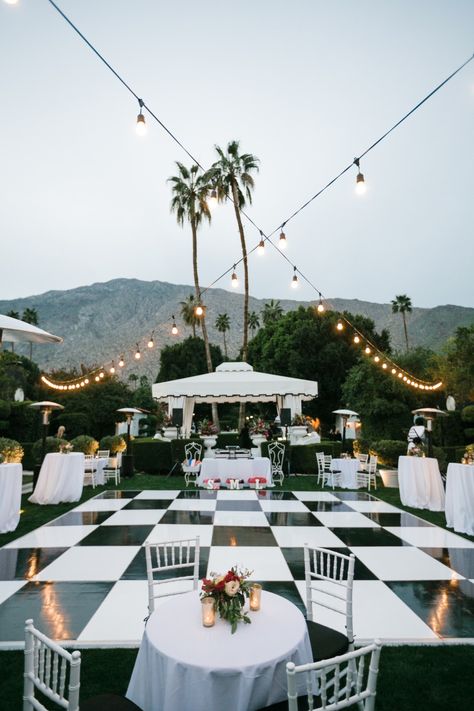 Black And White Checkered Wedding Dance Floor, Center Dance Floor Wedding, Checkered Floor Reception, Checkered Floor Wedding Ceremony, Diy Black And White Dance Floor, Checkers Dance Floor, White And Black Dance Floor, Black And White Tile Dance Floor Wedding, Backyard Wedding Black And White