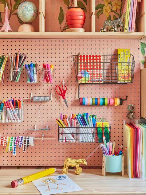 Pink Pegboard, Pegboard Art, Ikea Cubbies, Jordan Ferney, Kids Art Space, Pegboard Organization, Ikea Kids, Craft Station, Art Corner