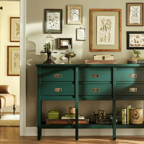 Peacock House by Valspar on sideboard Green Room Paint, Green Dining Room Paint, Peacock House, Lowes Paint, Warm Neutral Paint Colors, Dining Room Table Makeover, New Home Wishes, Coffee Table Makeover, Green Dining Room