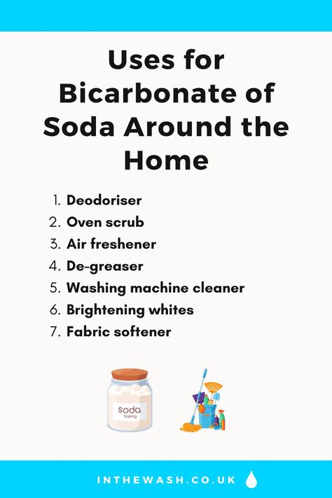 7 Ways to Use Bicarbonate of Soda for Cleaning and Laundry Brighten Whites, Homemade Cleaning Supplies, Clean Your Washing Machine, Unclog Drain, Washing Machine Cleaner, Chemistry Lessons, Bicarbonate Of Soda, Homemade Cleaning, Cleaning Guide