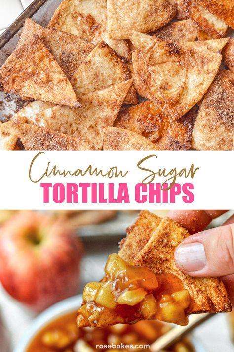 Homemade sweet and spiced cinnamon sugar tortilla chips are an easily made chip for sweet dessert dips. They’re crunchy on the outside, with just enough chew to make them irresistible. Serve with this Apple Pie Dip or another sweet dip for a fun and tasty treat. Hot Dip For Tortilla Chips, Apple Pie Dip With Cinnamon Sugar Chips, Cinnamon Dip, Cinnamon Sugar Chips, Cinnamon Sugar Tortilla Chips, Cinnamon Sugar Tortilla, Apple Pie Dip, Christmas Party Finger Foods, Sweet Salsa