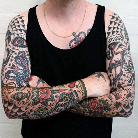 Intricate Traditional American Tattoo Guys Full Sleeves Old School Tattoo Sleeve, Traditional Tattoo Man, American Traditional Sleeve, Traditional Sleeve, Full Sleeve Tattoo Design, Omerta Tattoo, Traditional Tattoo Sleeve, Tattoo Inspiration Men, Old School Tattoo Designs