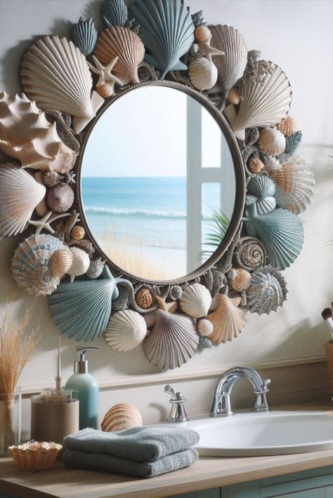 Bring the beach home with this mirror surrounded by a frame of seashells. Perfect for a coastal-themed bathroom escape. #CoastalDecor #BeachBathroom Sea Shell Mirrors, Shell Mirrors, Mirror Unit, Seashell Frame, Seashell Mirror, Themed Bathroom, Shell Mirror, Coastal Theme, Mirror Ideas