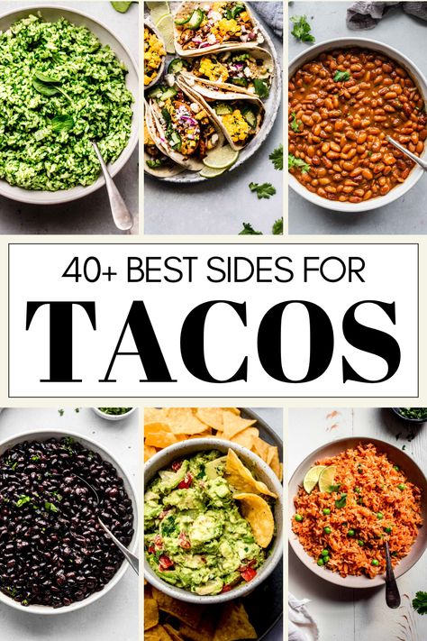 Wondering what the best taco side dishes are? Look no further! I'm here to answer the question - What should be on the menu for a taco night?  From healthy sides for tacos, to Mexican sides and appetizers, this handy guide will help you find what you want to make in a hurry!  // simple // easy // vegetables Healthy Sides For Tacos, Southwestern Side Dishes, Mexican Food Recipes Side Dishes, Sides For Pulled Pork Tacos, Shrimp Tacos Sides Dishes, Taco Night Sides, Taco Night Side Dishes, Healthy Mexican Side Dishes, Mexican Vegetable Sides