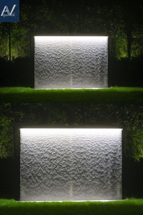 The mesmerising effect of AquaVeil® comes alive at night. Here at Tills we have developed a special bespoke Lighting System which is used to bring out the water pattern, and incredibly the lighting system has an effect by day. To find out more 'Click' the link and visit the website. Water Feature Lighting, Water Wall Fountain, Modern Water Feature, Terraced Landscaping, Wall Of Water, Waterfall Lights, Glass Waterfall, Water Curtain, Japanese Garden Landscape