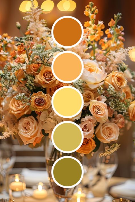 Looking for wedding color ideas? Explore our collection of beautiful palettes for summer, fall, and winter weddings. Find the perfect combination to match your season and style. Color Schemes For Weddings Fall, May Wedding Colors Schemes, Wedding Yellow Color Schemes, Mustard Yellow Wedding Theme, Spring Color Wedding Ideas, Wedding Mood Board Color Palettes, Yellow And Orange Wedding, May Wedding Colors, Mustard Yellow Wedding