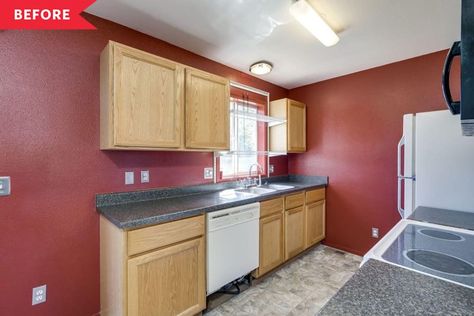 1990s Kitchen, Brown Laminate Flooring, 90s Kitchen, Dark Counters, Kitchen Boho, Brown Laminate, Rental Kitchen, Kitchen Refresh, Old Cabinets