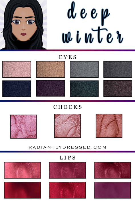 Deep Winter Color Makeup, Best Hair Colour For Deep Winter, Makeup For Deep Winter Skin Tone, Deep Winter Make Up Color Palettes, Winter Season Makeup Color Palettes, Deep Winter Color Palette Lipstick, Color Analysis Winter Types, Lipstick For Winter Skin Tone, Deep Winter Color Palette Nails