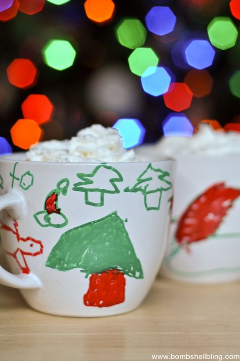 Christmas Paint Pen Mugs - Bombshell Bling Kids Holiday Painting, Make Your Own Mug, Diy Christmas Mugs, Grandparents Christmas Gifts, All Ideas, Hot Cocoa Mix, Personalized Christmas Mugs, Kids Homemade, Pinterest Crafts