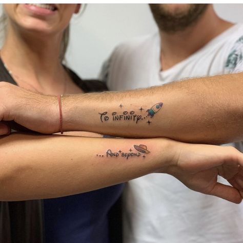 Friendship Tattoos Disney, Couples Tattoo Ideas, Mom Son Tattoo, Matching Disney Tattoos, Small Friendship Tattoos, Son Tattoo Ideas, Tattoos Disney, Toy Story Tattoo, Couple Disney