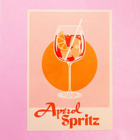 An aperol spritz cocktail illustration with an orange wedge in the glass sits on a pink background with orange circle. text reads aperol spritz. Aperol Spritz Sketch, Aperol Spritz Print, Aperol Spritz Art, Aperol Spritz Painting, Aperol Spritz Illustration, Relax Painting, Hugo Spritz, Art 2023, Painting Inspo