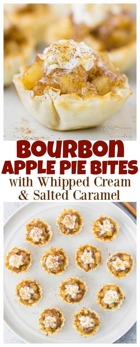 Bourbon Apple Pie Bites with Whipped Cream & Salted Caramel Easy, Delicious & Perfect for #Thanksgiving or #Holiday Parties! Drunken Desserts, Bourbon Apple Pie, Holiday Recipes Christmas Desserts, Boozy Baking, Holiday Party Desserts, Apple Bites, Mini Fruit Tarts, Alcoholic Treats, Alcoholic Desserts