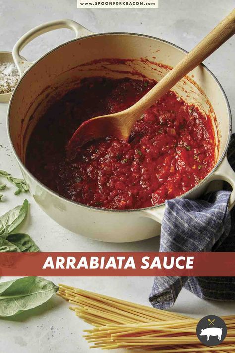 A simple and delicious recipe for Arrabiata Sauce. Our spicy tomato sauce is packed with tons of flavor from sweet San Marzano tomatoes, garlic, crushed red pepper flakes, and herbs. #pastasauce #pasta #tomato #tomatosauce #dinner #yummy #recipe Arribita Sauce Recipe, Spicy Seafood Pasta, Italian Sauces, Arrabiata Sauce, Pesto Recipes, Marzano Tomatoes, Work Recipes, Spoon Fork Bacon, Italian Tomato Sauce