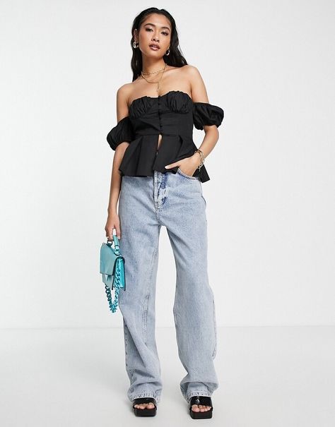 Off Shoulder Corset Top, Off Shoulder Corset, Bardot Style, Corset Top, Button Placket, Off Shoulder Blouse, Puff Sleeve, Mom Jeans, Off Shoulder