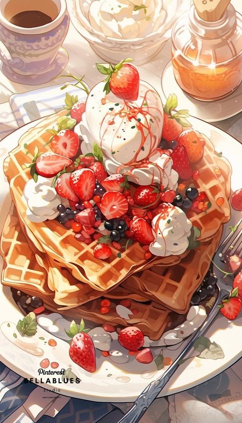 Dessert Art Illustration, Waffles Illustration, Waffle Drawing, Waffle Illustration, Anime Food Art, Aesthetic Food Wallpaper, Food Art Aesthetic, Waffle Art, Food Art Illustration