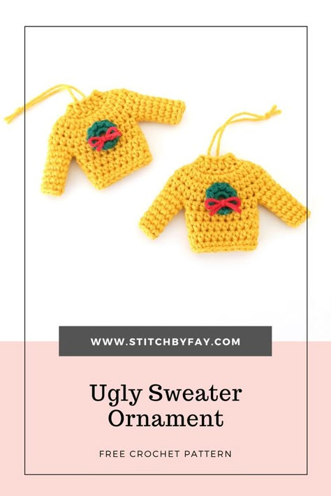 Crochet a fun ugly sweater ornament with this quick and easy free pattern. Makes a cute gift topper or holiday garland. Crochet Ornaments Free Pattern, Ornament Crochet Pattern, Ugly Christmas Sweater Ornament, Crochet Christmas Garland, Sweater Free Pattern, Free Crochet Sweater, Reindeer Christmas Sweater, Crochet Christmas Ornaments Free, Crochet Sweater Free