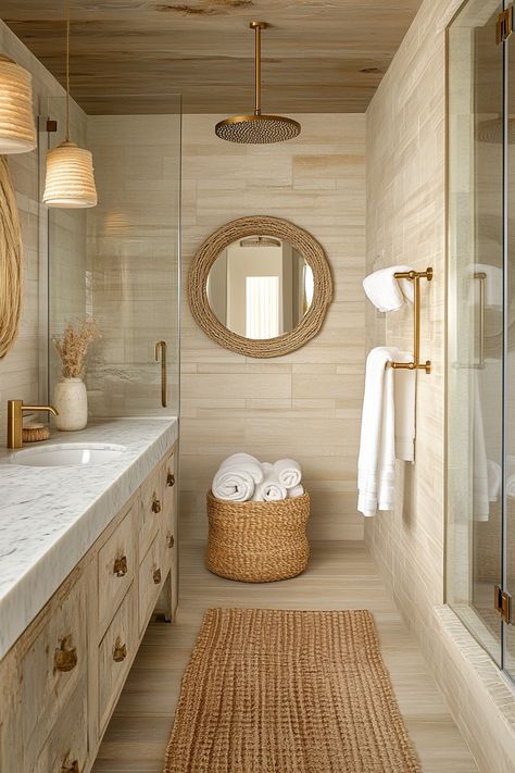 Transform your home with these stunning modern bathroom ideas. The use of natural materials and warm tones creates a tranquil and inviting space. Perfect for rejuvenation, this design brings a luxurious feel. #ModernBathroomIdeas #HomeDecor #InteriorDesign Small Elegant Bathroom, Mediterranean Style Bathroom, European Bathroom Design, Bathroom Boho, European Bathroom, Elegant Bathroom Decor, Modern Bathroom Ideas, Florida Decor, Modern Luxury Bathroom