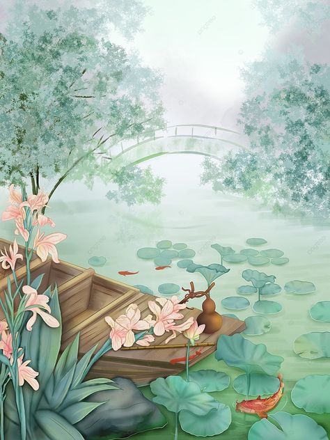 2021,illustration,hand draw,original,antiquity,chinese style,lotus pond,flowers,canna,lotus,koi,scenes,xian xia,gourd,xiao,musical instrument,ferry,bridge,ink,emotional expression,poster,martial arts,fantasy Lotus Pond Illustration, Pond Illustration, Pond Flowers, Pond Drawing, Chinese Bridge, Tattoo 2023, Lotus Garden, Chinese Illustration, Emotional Expression