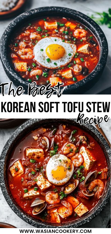 A steaming bowl of Sundubu Jjigae, a Korean soft tofu stew, filled with silky tofu, shrimp, mushrooms, and topped with a sunny-side-up egg, garnished with green onions for a hearty and flavorful meal. Korean Breakfast Soup Recipes, Healthy Korean Meal Prep, Korean Meat Dishes, Korean Winter Recipes, Soon Dubu Jjigae Recipe, Tofu Stew Korean, Korean Dishes Recipes, Korean Side Dish Recipes, Gluten Free Korean Food