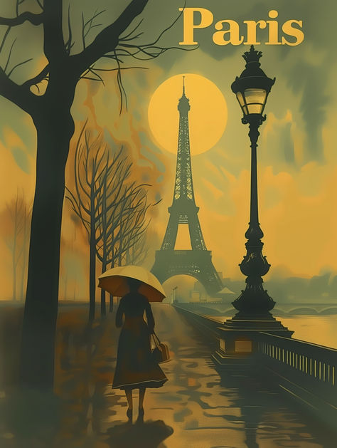 Immerse yourself in the enchanting atmosphere of Paris with our Vintage Paris Travel Poster. This artwork transports you to a serene evening on the streets of Paris, with the majestic Eiffel Tower silhouetted against the warm glow of a setting sun. Rendered in a vintage style, this piece captures the soul of Paris, blending nostalgia with the timeless elegance that the City of Love is celebrated for. This printable wall art is a great way to infuse your space with French sophistication. Vintage French Travel Posters, Paris Poster Aesthetic, Paris Travel Poster Vintage, Paris Poster Vintage, Vintage Paris Aesthetic, An Evening In Paris, Eiffel Tower Silhouette, French Art Prints, European Wall Art