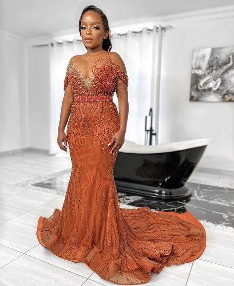 Orange Traditional Dresses, Orange Embroidered Dress For Reception, Traditional Orange Dress For Reception, Festive Orange Dress For Reception, Orange Fitted Traditional Gown, Fitted Orange Traditional Wear For Reception, Lobola Dresses, Xhosa Wedding, Second Dress