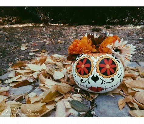 Skull Candy Pumpkin Painting, Mexican Pumpkin Decorating Ideas, Frida Kahlo Pumpkin Painting, Pumpkin Painting Ideas Mexican, Painted Sugar Skull Pumpkins, Painted Owl Pumpkin, Pumpkin Painting Ideas Dia De Muertos, Pumpkin Painting Ideas Sugar Skull, Calavera Pumpkin Painting