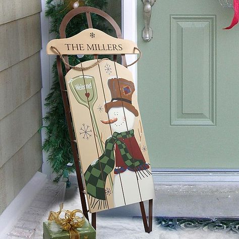 Sleigh Decorations, Christmas Sled Decoration, Christmas Sleigh Decorations, Wood Lanterns, Sled Decor, Personalized Christmas Decor, Painted Snowman, Vintage Sled, Christmas Sled