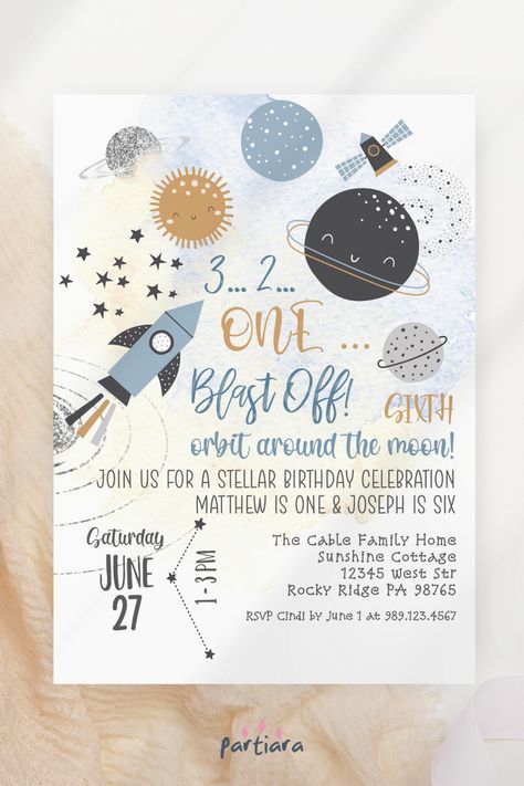 Self-editable 5x7" invite - follow the link for details and free demo! ♦ Easily edit online in your browser then download and print or send digitally ♦ A really cool blue space with rocket ship design for a boy's birthday celebration – perfect for either a singular first birthday or joint boys birthday event ♦ #spaceparty #1stbirthdayparty #spacebirthdayideas #rocketshipideas #spacetheme #jointbirthday #kidsbirthdayideas #boys1stbirthday #editableinvitation #printableinvite 4th Birthday Invitation, Space Birthday Invitation, Birthday Menu, Outer Space Party, Love Website, 1st Birthday Party Invitations, Boy Birthday Invitations, Fourth Birthday, Space Birthday