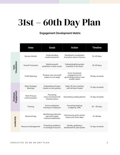 CEO 30-60-90 Day Plan Template  Visme 30 60 90 Day Plan Template, Data Vizualisation, Business Strategy Management, 90 Day Plan, Plan Template, Employee Engagement, Day Plan, First Page, Data Visualization