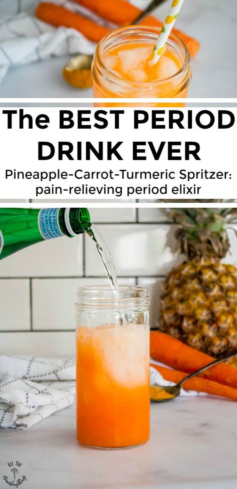 Best Period Drink Ever! {Pineapple-Carrot-Turmeric Spritzer} Juicer Recipes, Healthy Juice Recipes, Healthy Drinks Recipes, Health Drink, Healthy Juices, Smoothie Drinks, Smoothie Recipes Healthy, Healthy Nutrition, Juicing Recipes