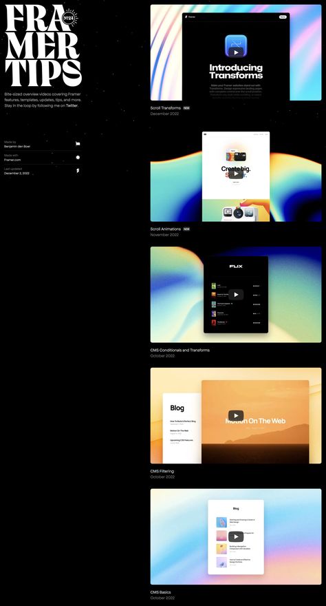 Neat little One Pager sharing a bunch of bite-sized video tutorials for the Framer website builder. Website built using Framer of course! One Pager, Landing Page Builder, Woo Commerce Wordpress, One Page Website, Poster Ads, Html5 Templates, Woocommerce Themes, Web Inspiration, Blog Themes