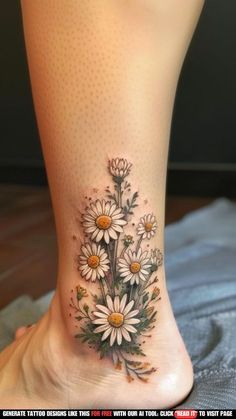 Daises Flowers Tattoo, Daisy Flower Bouquet Tattoo, Ankel Tattoos Simple, Daisy Tattoo Designs Vintage, Tattoo Daisy Flower, Daisy Sleeve Tattoo, Hippie Flower Tattoos, Flower Ankle Tattoos, Daisies Tattoo