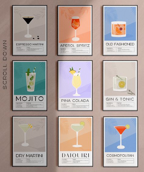 Cocktail O'clock | Wall Art Prints & Posters | Behance Cocktail Posters Aesthetic, Cocktail Illustration Art, Cocktail Bar Menu Design, Drink Poster Design Ideas, Cocktail Menu Design, Tropical Backgrounds, Cocktails Aesthetic, Cocktails Poster, Recipe Book Design