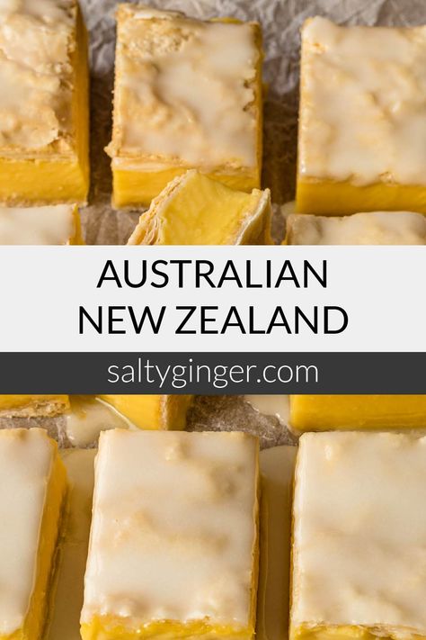 Vanilla custard slices overlaid with text Australian & New Zealand. Australian Biscuit Recipes, Edmonds Cookbook Recipes New Zealand, New Zealand Dessert Recipes, New Zealand Recipes Traditional, New Zealand Desserts, Australian Dessert Recipes, New Zealand Food Recipes, Australian Recipes Traditional, Australian Food Recipes